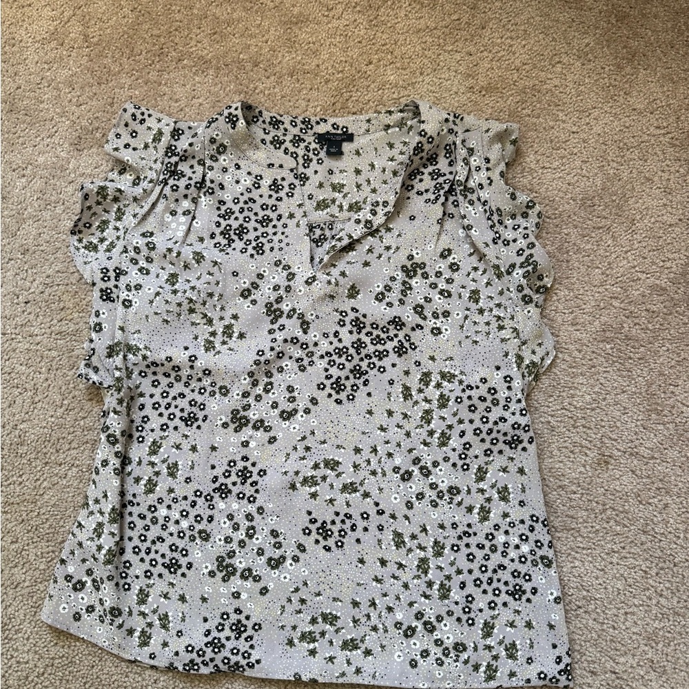 Ann Taylor Floral Ruffle Sleeve V-Neck Blouse